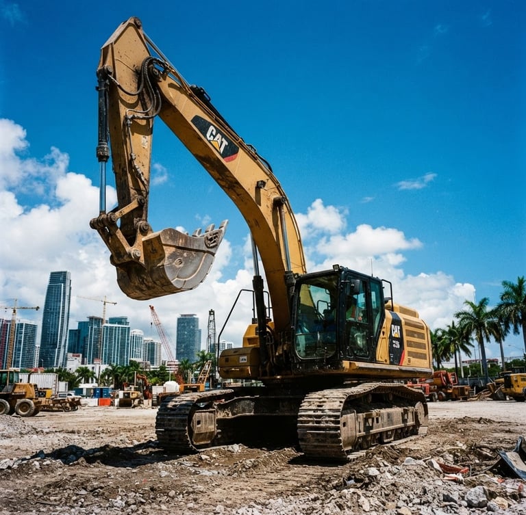 Low-angle heroic shot of a heavy excavator in the Miami yard under bright Florida sunlight, high-contrast shadows, sharp industrial details, 35mm lens