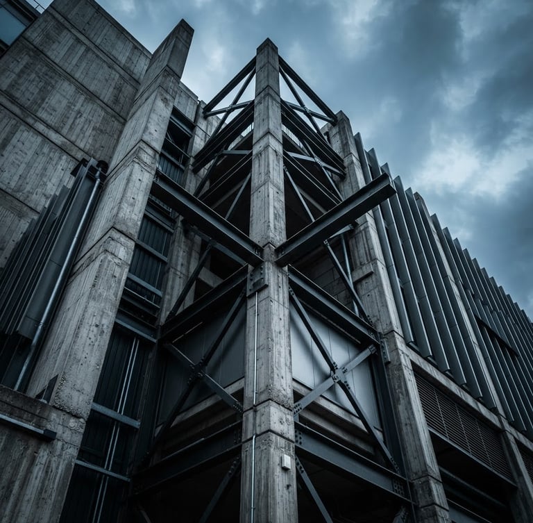 Low-angle architectural crop of a modern concrete and steel building structure under a high-contrast cool overcast sky, industrial architectural photography style.