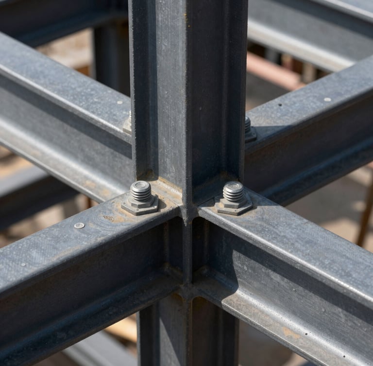 Macro close-up of structural steel joints bolted together on an active construction site, hard high-contrast daylight with deep slate shadows.