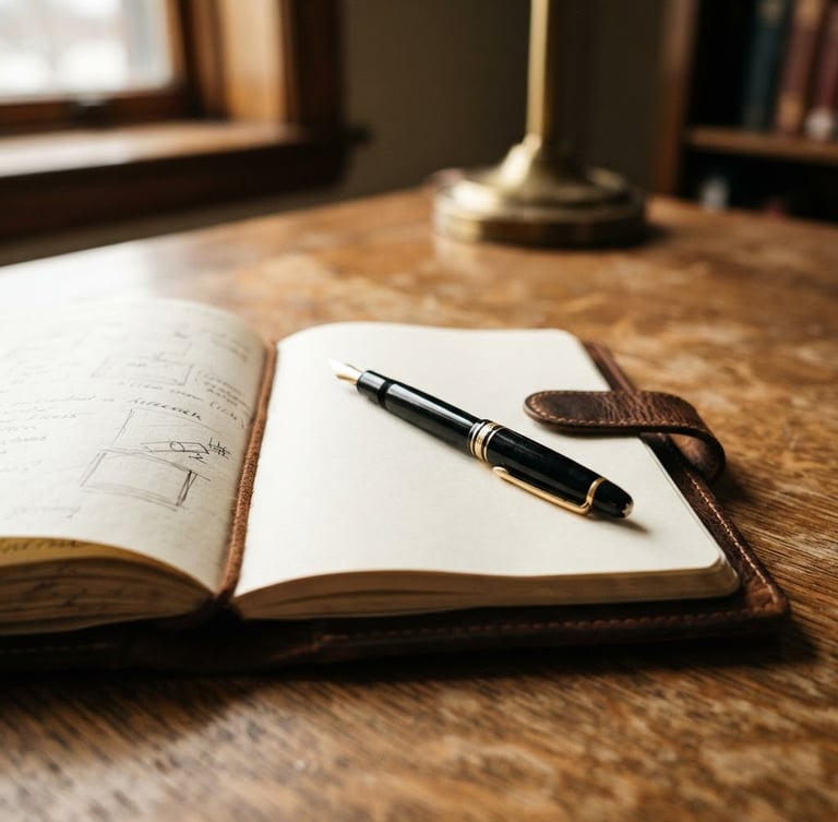Soft daylight close-up of a structured leather notebook and an elegant fountain pen on a clean wooden table in a municipal office, high-contrast, warm editorial photography