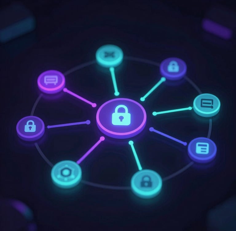 Abstract glowing nodes representing secure API data flow in deep obsidian space, neon purple and cyan accents, flat-lay vector diagram styling