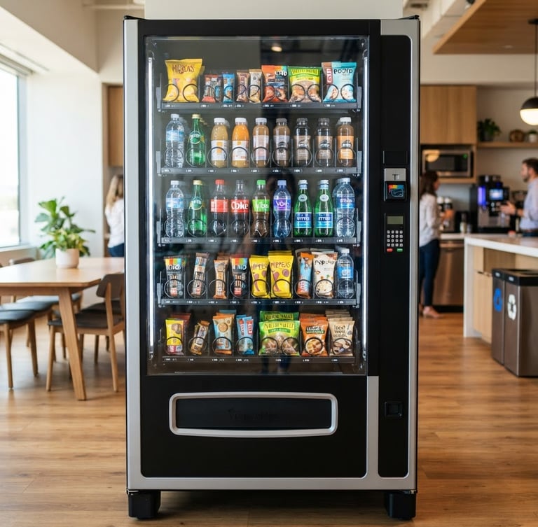 Straight-on medium shot of a modern, clean glass-front vending machine in a brightly lit office breakroom, stocked with colorful drinks and local snacks, natural light, sharp focus