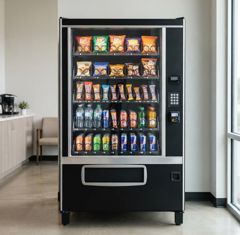 Straight-on medium shot of a sleek modern snack and drink vending machine in a bright, clean local warehouse breakroom, vibrant packaging visible, natural light