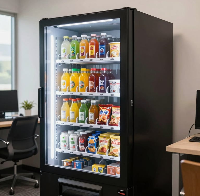 Bright clean commercial photography of a modern Honolulu office breakroom, a fully stocked drink and snack vending machine with vibrant local juices and snacks, natural light, sharp focus