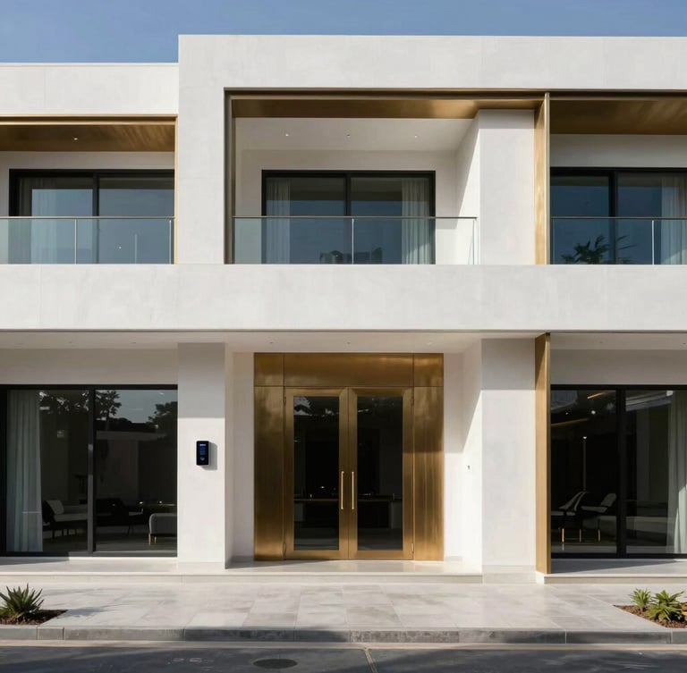 Wide architectural shot of a luxury villa exterior in Abu Dhabi under sharp daylight, showcasing integrated smart systems, clean lines, high contrast.