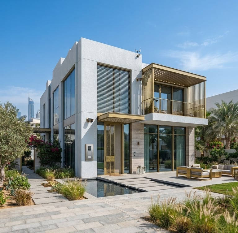 Wide architectural shot of a luxury villa exterior in Abu Dhabi, crisp daylight, showing subtle integration of smart home sensors and security cameras, cool metallic tones with brass accents.