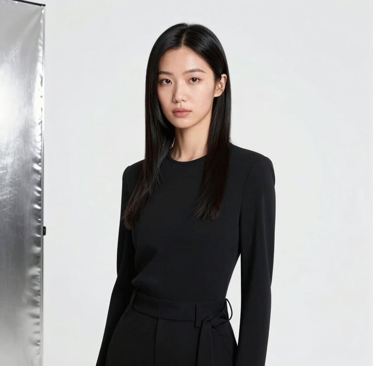 Minimalist studio portrait of a professional female hairstylist with sophisticated styling, clean white background, high-key lighting, professional aesthetic, 35mm