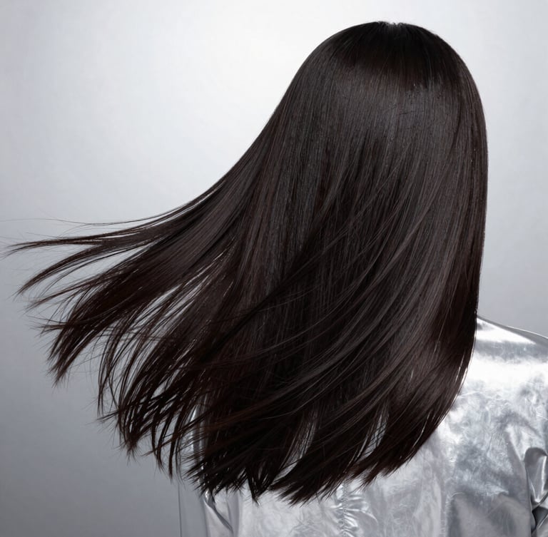 High-key studio photography of a model with incredibly smooth, glossy, flowing dark hair, reflective silver background, sharp focus, minimalist clinical aesthetic, 35mm