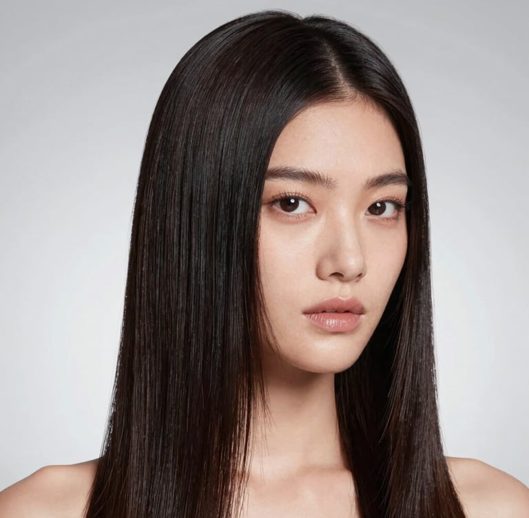 High-key studio photography of a model with perfectly straight, glossy dark hair reflecting light like a mirror, clean silver background, sharp focus, professional cosmetic campaign style.