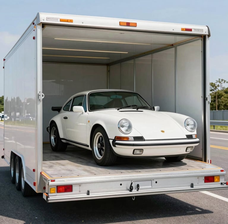 A pristine vintage sports car parked inside a clean, modern enclosed carrier trailer, bright daylight, professional automotive photography, 35mm lens.
