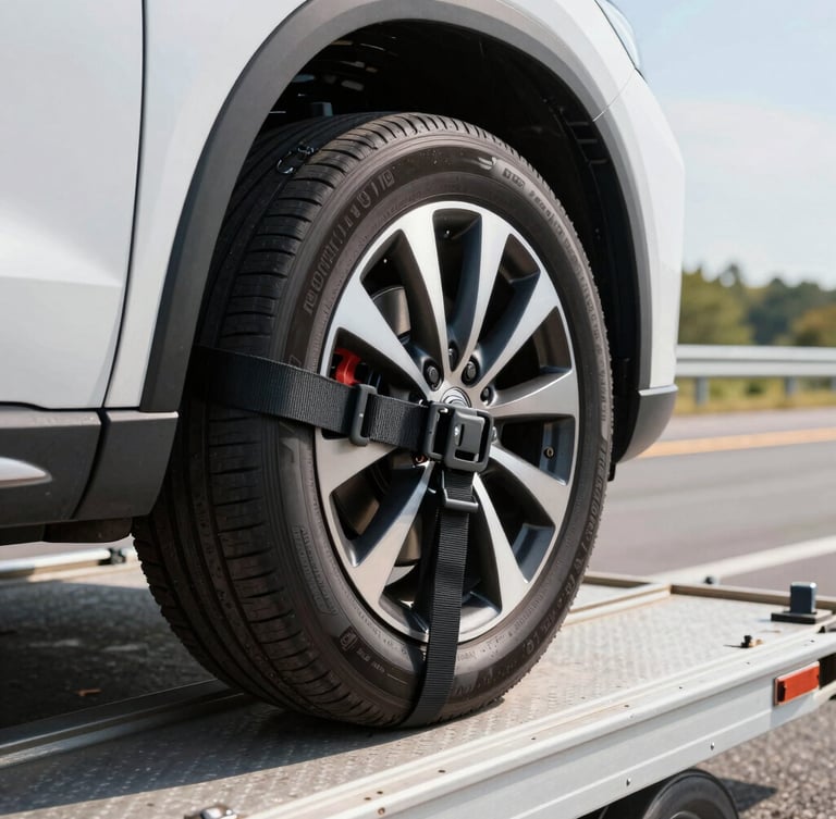 Close-up of secure heavy-duty tie-down straps locking a clean vehicle wheel onto a metal transport trailer, bright outdoor sun, crisp details, 35mm lens.