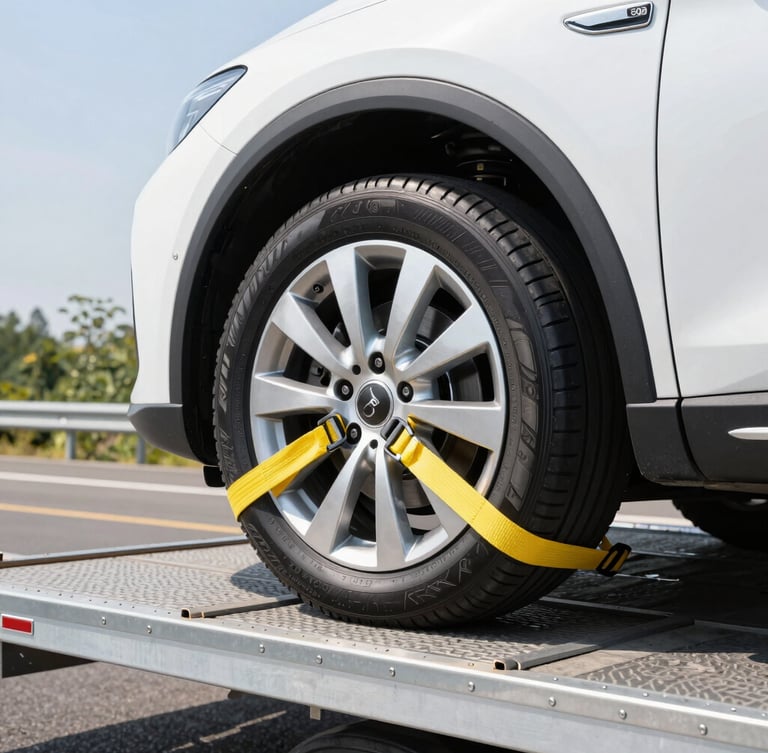 Close-up of heavy-duty yellow tie-down straps securing a clean car wheel to the metal deck of an open transport carrier, bright crisp daylight.