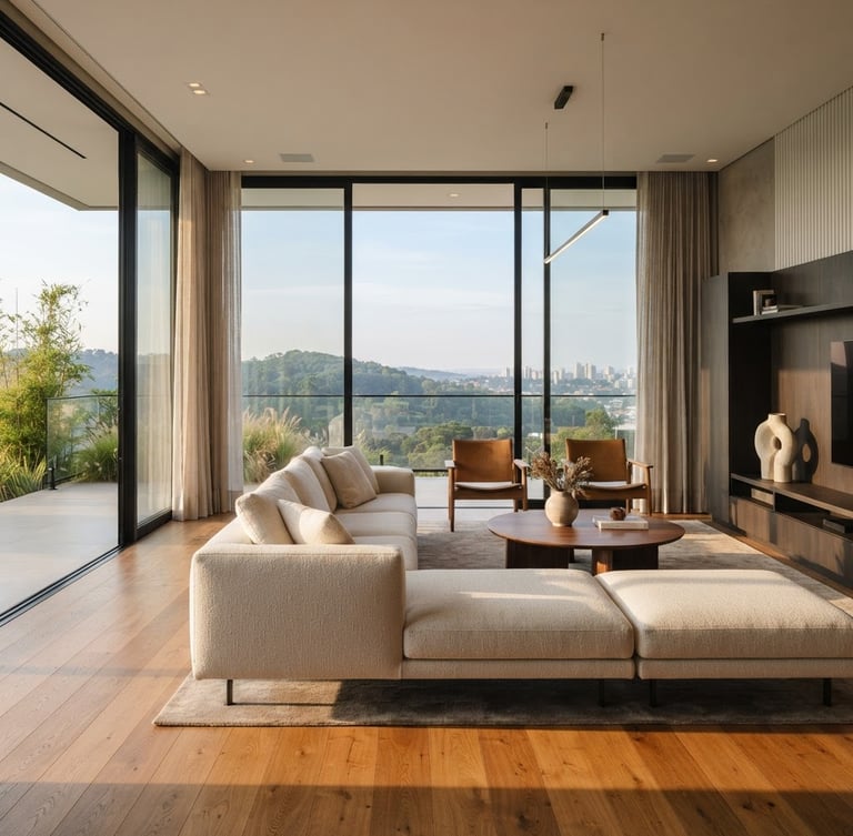 Elegant modern living room in Caxias do Sul with large windows, soft afternoon light casting warm shadows on oak floors, minimalist high-end furniture, architectural photography.
