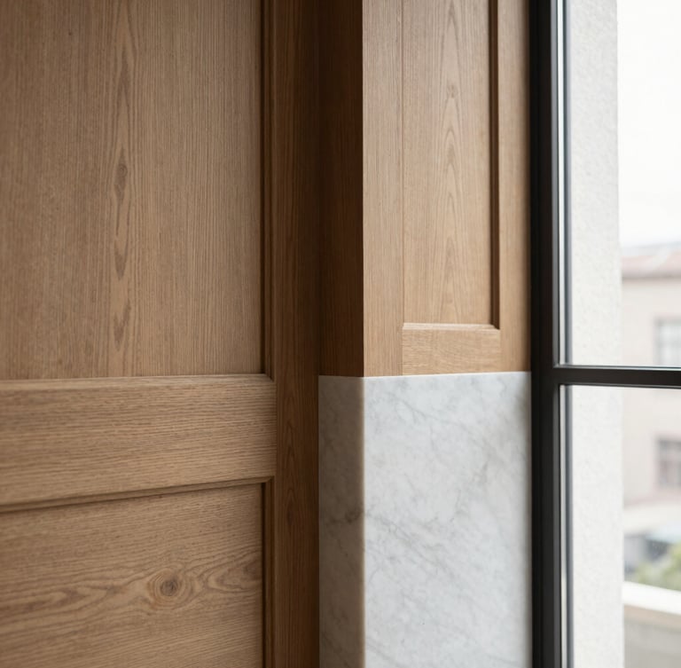 Close-up of elegant architectural textures, natural oak wood panels meeting clean white marble slab, soft side lighting from a large window, refined and sophisticated, 35mm lens
