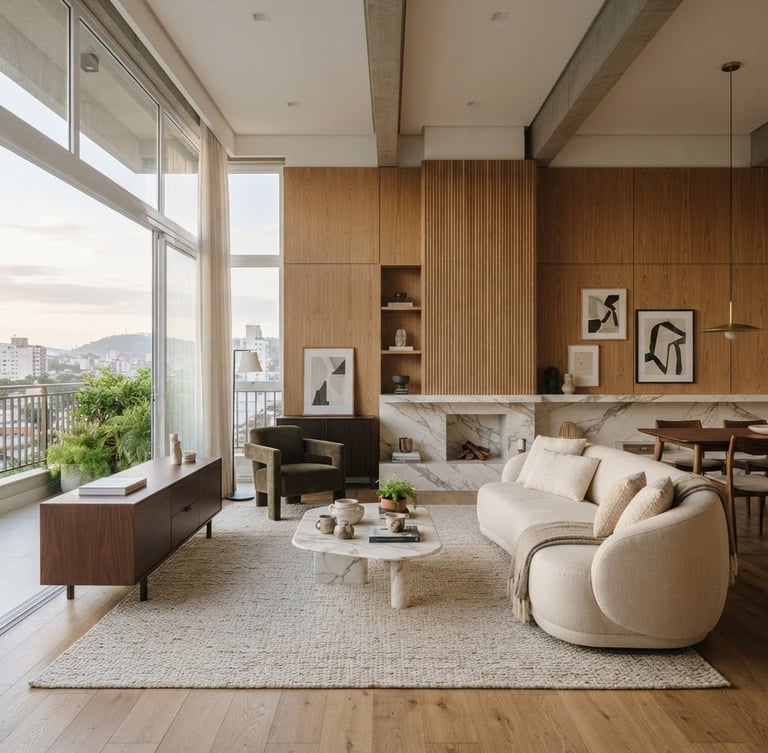 Elegant modern apartment interior in Caxias do Sul, high ceilings, soft morning light hitting warm wood paneling and marble details, professional architectural photography, 35mm lens