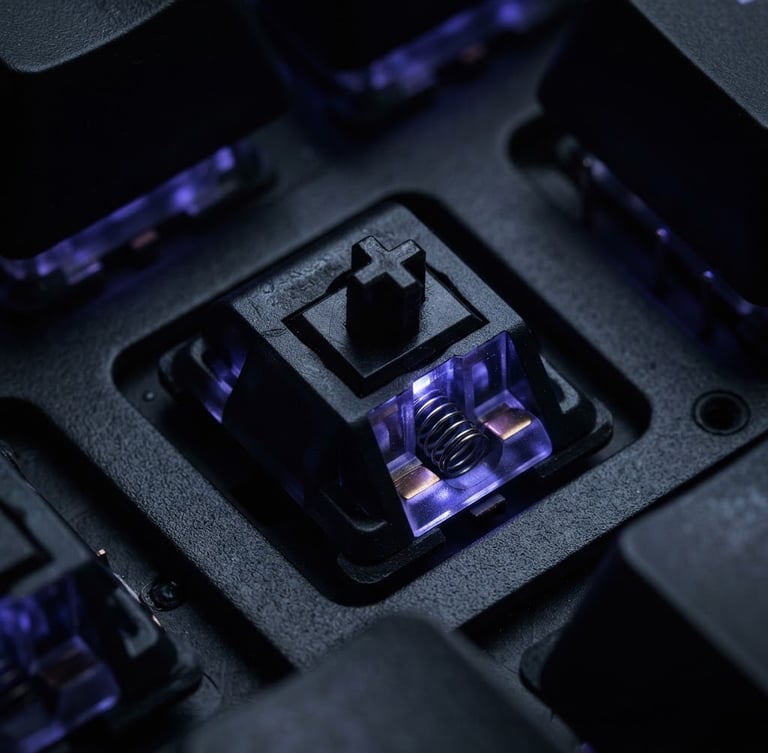 Extreme macro close-up of a sleek black mechanical keyboard switches with deep indigo backlighting, dark moody product photography, studio lighting, obsidian tones