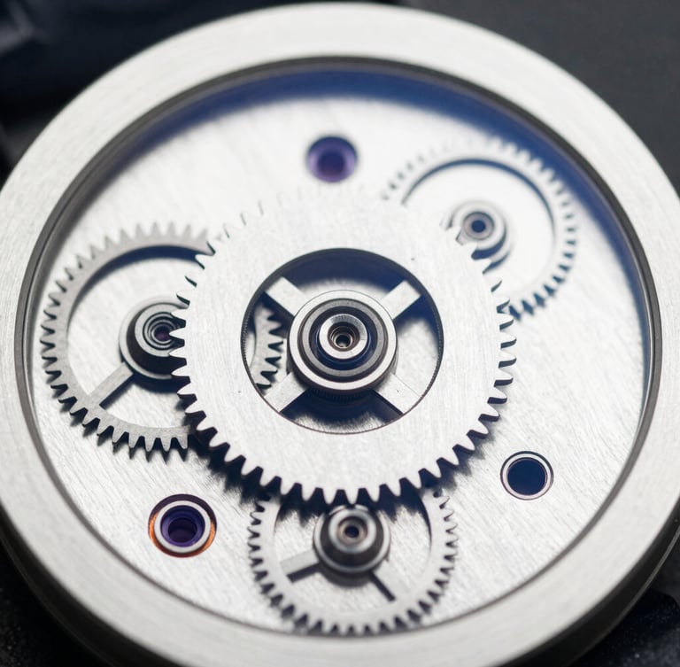 Extreme macro detail of a precision mechanical watch movement, gears aligned in perfect symmetry, high-contrast natural light with deep shadows, navy and white tones