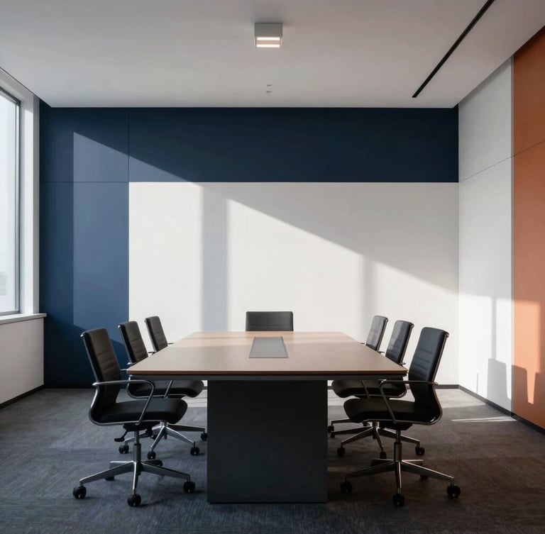 A minimalist modern boardroom flooded with sharp natural light and deep shadows, clean architectural lines, high-contrast, 35mm lens