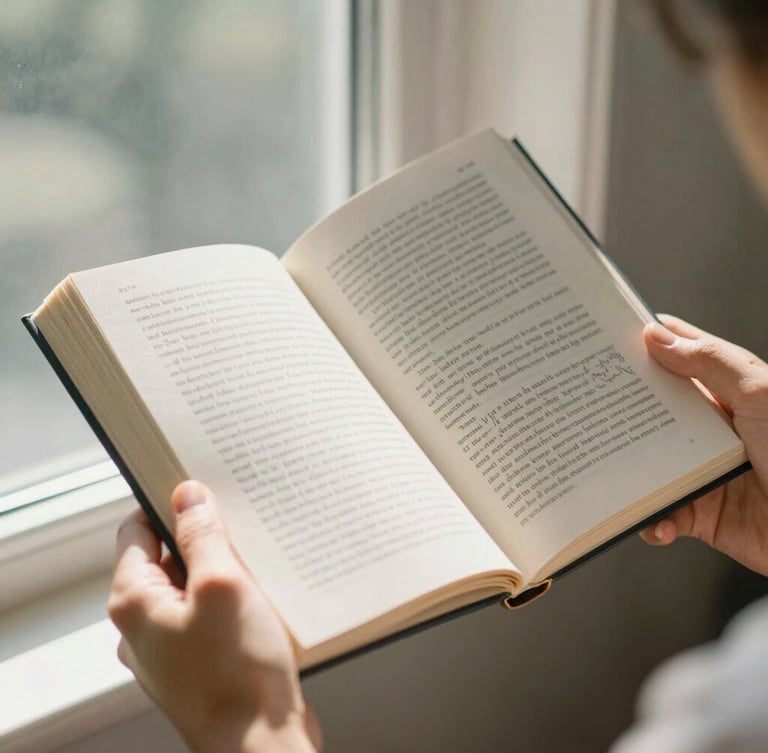 Hands holding an open hardcover book with highly legible text, warm morning sunlight filtering through a window, 35mm photography