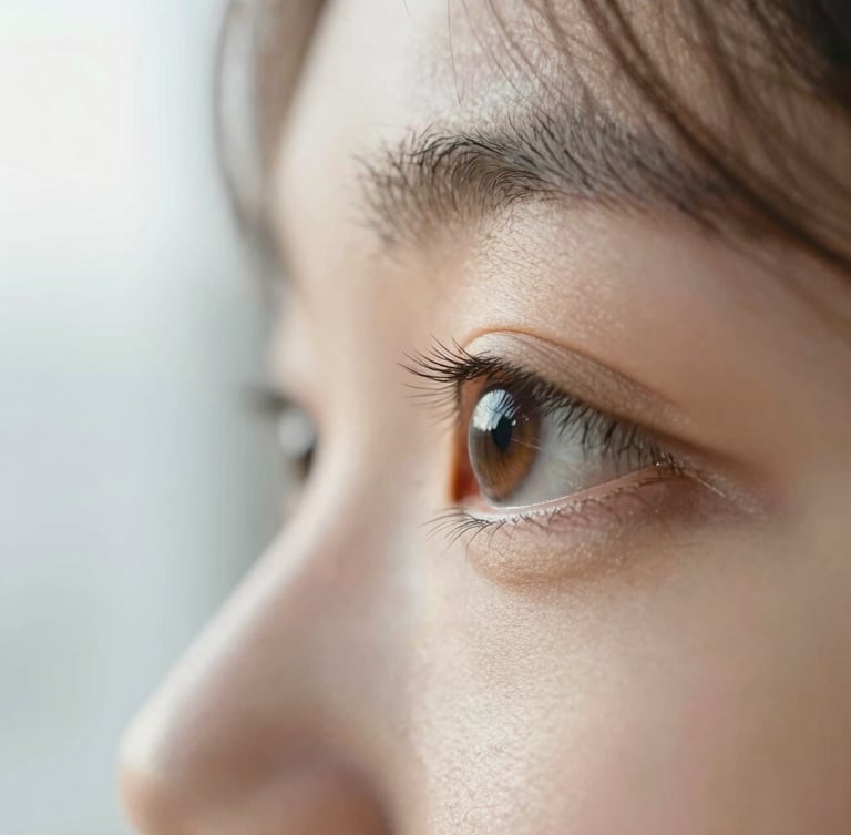 Macro close-up of a human eye looking toward soft natural morning light, clean editorial photography, shallow depth of field, 35mm