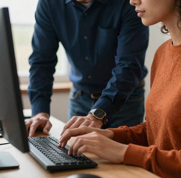 Close-up of a mentor helping an adult student with computer training, hands on keyboard, warm natural light, rich navy tones, 35mm
