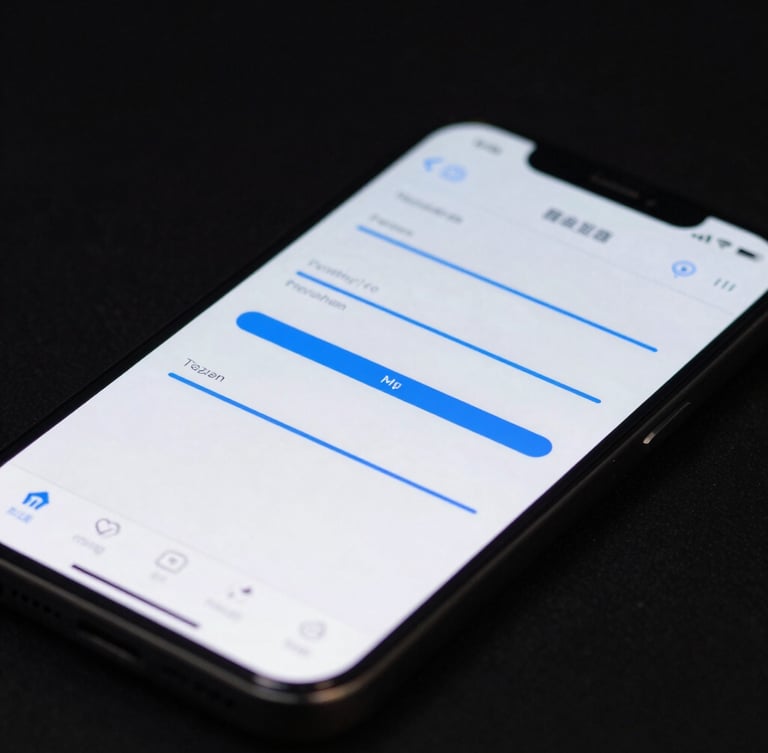 Extreme close-up of a physical iPhone displaying a high-fidelity interactive mobile application UI with glowing blue accent lines, dark studio lighting, low-key atmosphere, high contrast.