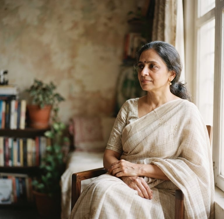A warm editorial portrait of Alka Choudhary Kinra in soft diffused morning light, looking thoughtful, ivory and muted earth tones, negative space on the left