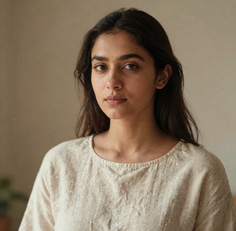 Intimate portrait of Alka in a soft linen top, warm natural morning light, shallow depth of field, neutral earth tone background