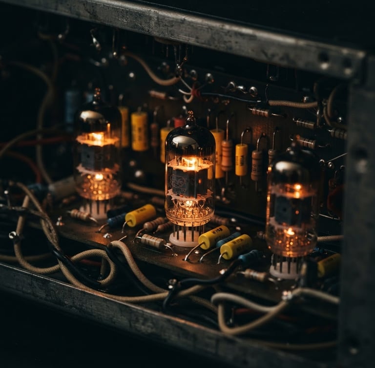 macro low-key photography of warm glowing vacuum tubes inside a high-end compressor, deep shadows, dark slate background, 50mm lens