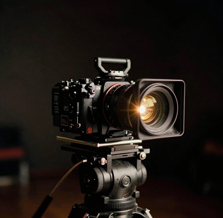 Cinematic film photography of a high-end camera rig on a dark, atmospheric studio set, low-key dramatic lighting, subtle gold anamorphic lens flare, 35mm