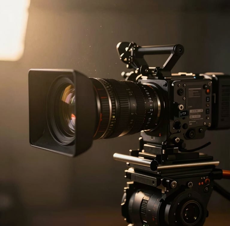 A close-up of a professional matte box and cinema lens on a camera rig, warm golden-hour light catching dust particles in the air, deep rich shadows, cinematic film photography, 35mm.