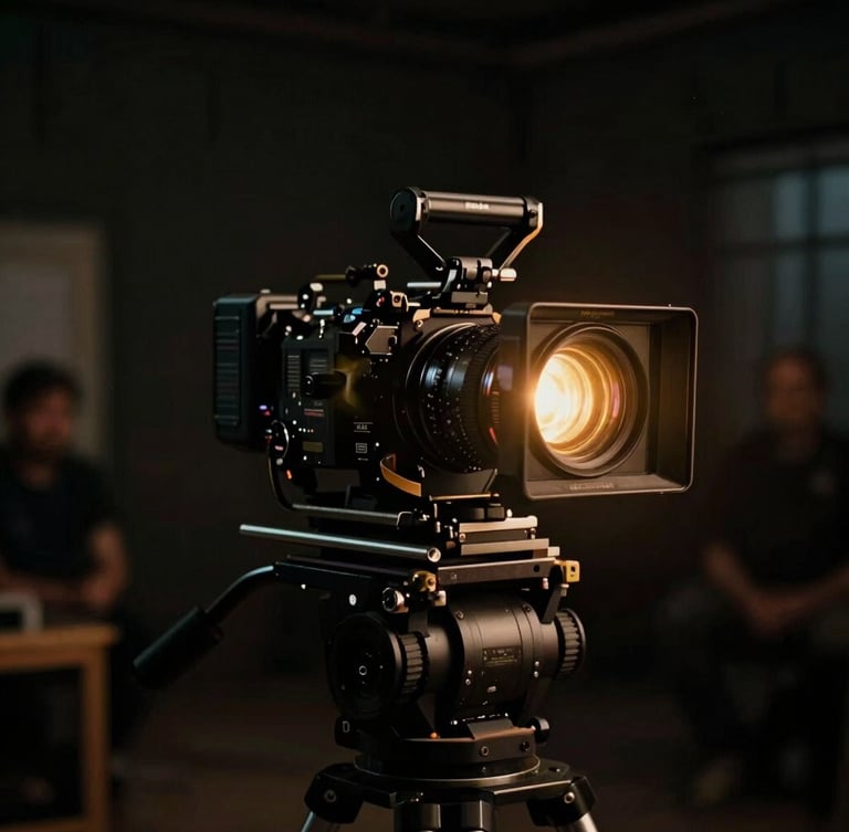 Wide cinematic film photography of a high-end camera rig on a dark, moody movie set, low-key dramatic lighting, rich golden anamorphic lens flare, shallow depth of field, 35mm