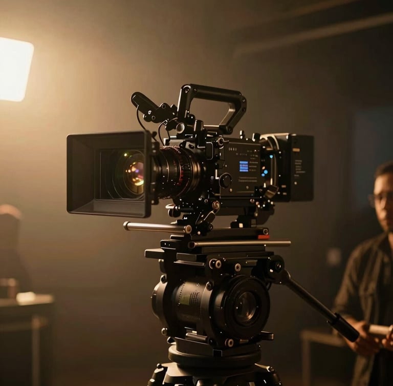 A high-end 35mm cinematic production still of an anamorphic camera rig on a dimly lit film set, warm golden-hour lens flare, rich dark shadows, shallow depth of field.