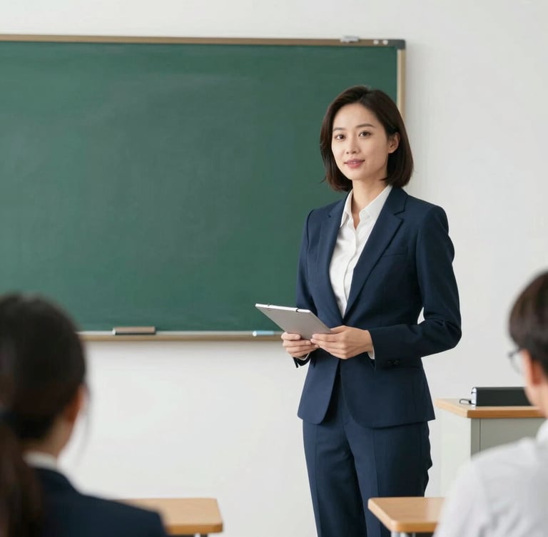 Dignified high school teacher presenting in a modern seminar room with bright natural light, professional editorial style, emerald green accents.