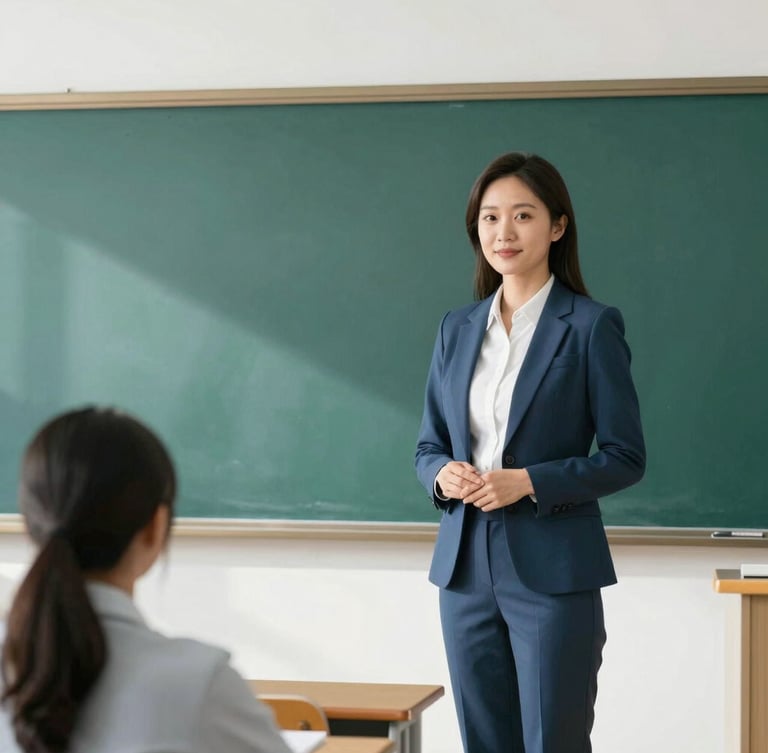 Dignified high school teacher presenting in a modern classroom, bright natural daylight, clean emerald and slate blue tones, professional editorial photography