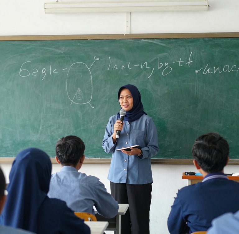Dignified high school teacher presenting a digital lesson in a bright classroom in North Sumatra, professional editorial photography, natural light, emerald and slate blue tones, 35mm lens.