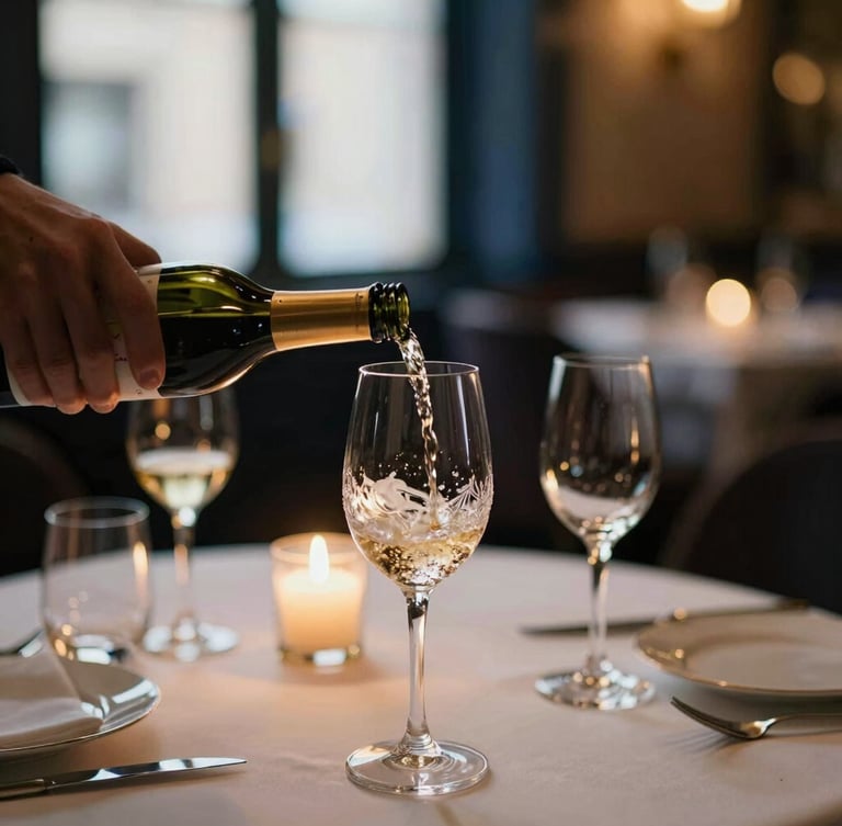 Close-up of hands pouring fine wine into a crystal glass at a dimly lit luxury restaurant table, warm golden candlelight, soft focus background, editorial 35mm