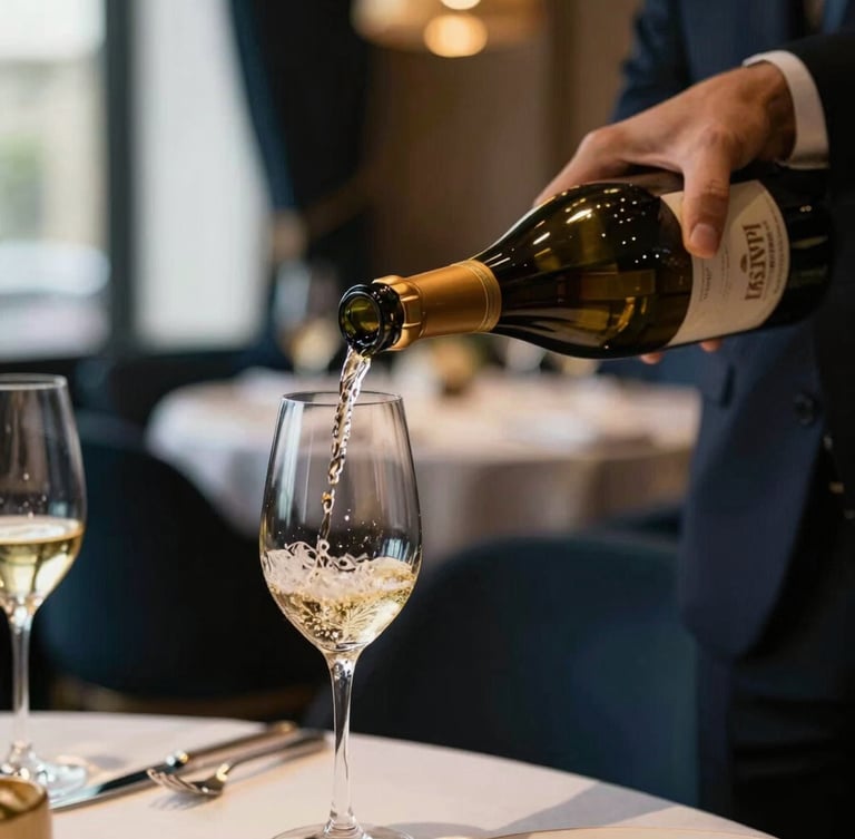Close-up of a sommelier pouring fine wine into a crystal glass in a dimly lit luxury restaurant, golden champagne accents, elegant atmosphere, 35mm