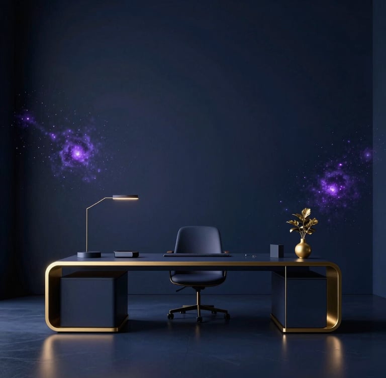Futuristic clean tech aesthetic, architectural shot of a modern minimalist workspace with subtle cosmic lighting, dark space-blue tone, gold accents