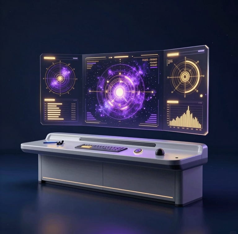 Sleek 3D render of a futuristic digital control center, dark space-blue background, glowing cosmic purple and gold holographic charts, clean tech style