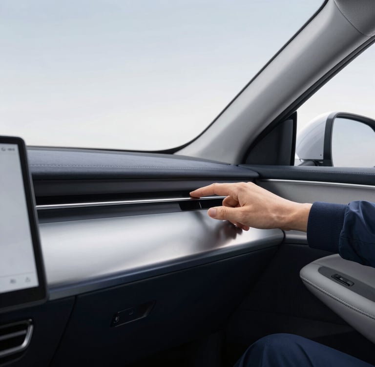Close-up of a professional driver in smart-casual attire adjusting the climate controls in a clean, modern vehicle interior, soft daylight