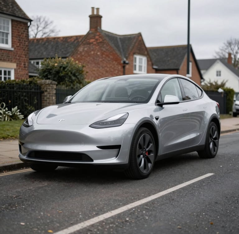 A clean silver modern sedan parked on a quiet Hampshire street, soft overcast daylight, sharp focus, 35mm editorial photography.