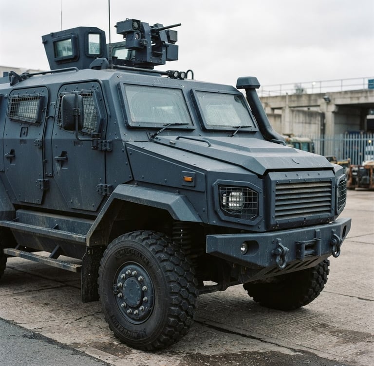 A close-up of a secure tactical transport vehicle in cool overcast daylight, deep steel gray tones, sharp focus, 35mm lens