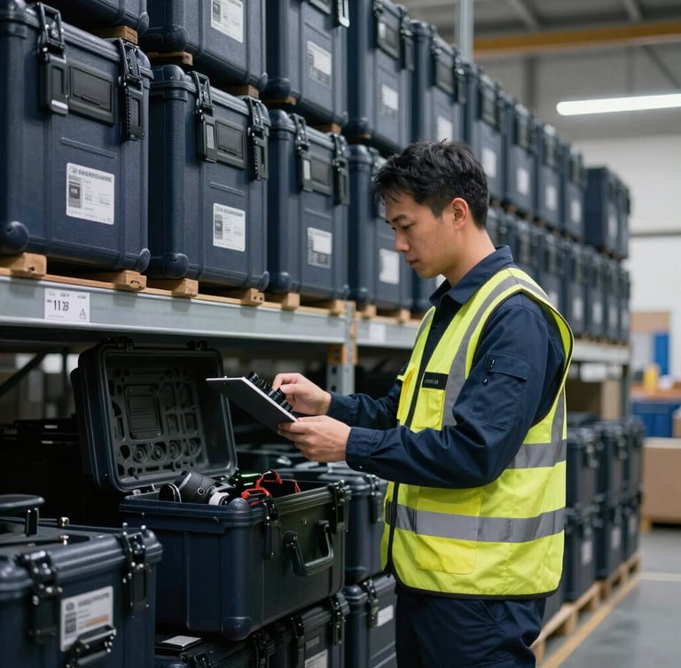 Professional logistics coordinator in a structured warehouse, wearing a safety vest, examining tactical equipment cases under cool industrial lighting, sharp focus
