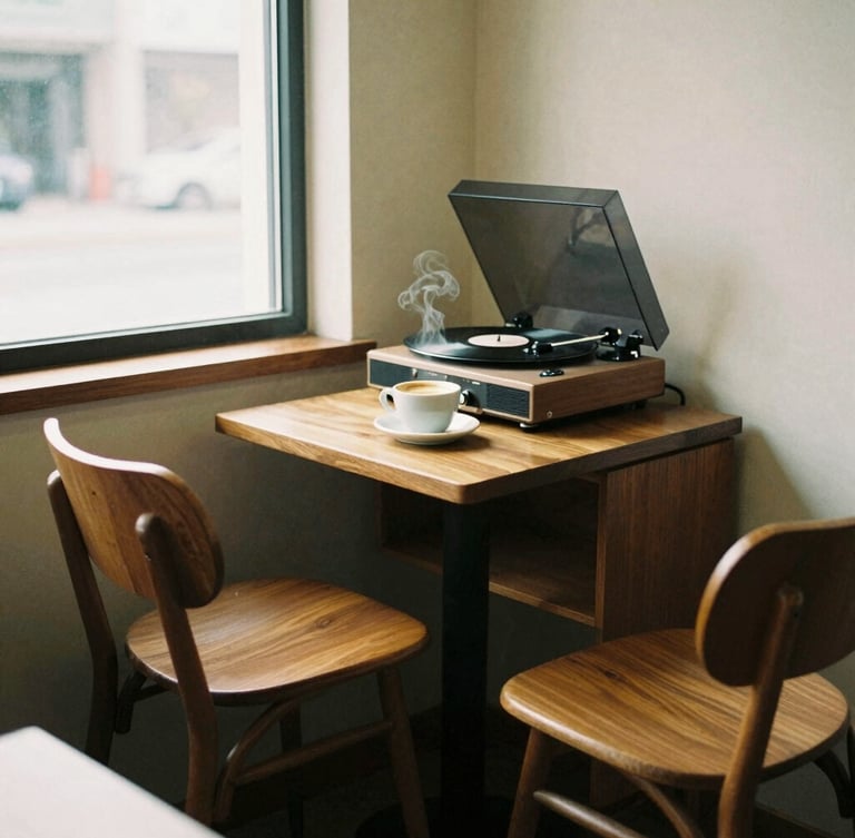 Bespoke mid-century modern cafe corner, warm wooden chairs, vintage vinyl record player on a sideboard, steaming ceramic coffee cup, soft morning window light, 35mm film style