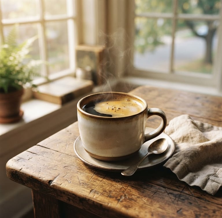 A steaming cup of black coffee with rich crema on a rustic wooden table, warm morning light streaming through a window, 35mm film style