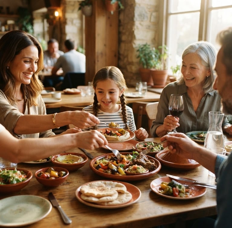 Warm, natural-light photo of a family sharing food at a clean, inviting restaurant table, soft focus on hands and ceramic plates, sunlight streaming from a window on the right, rich earthy tones.