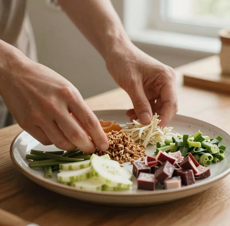 Close-up of hands gently arranging ingredients on a ceramic plate in a sunlit kitchen, focus on fresh textures and careful preparation, warm earthy tones.