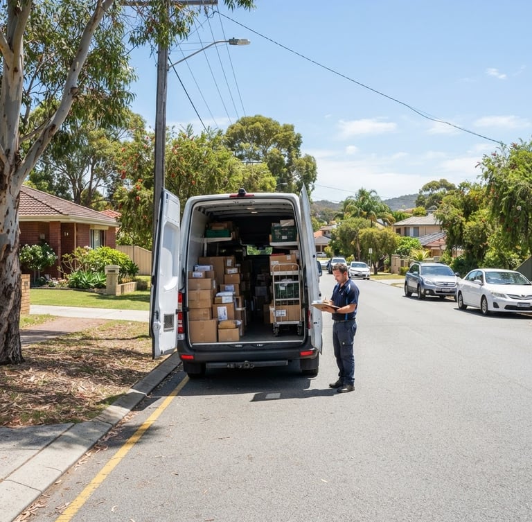 Wide environmental shot of a clean transport van parked on a bright Perth suburban street, secure cargo visible inside, bright Australian daylight.