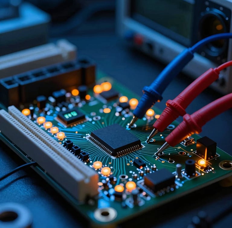 Macro shot of a high-tech circuit board with glowing orange status LEDs, oscilloscope probes attached to test points, dark laboratory background with neon blue ambient light, sharp technical details, 35mm lens.